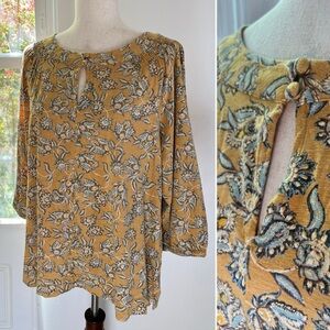 J. Jill Marigold Yellow Floral Print Double Key-Hole Front Wide Neck Top